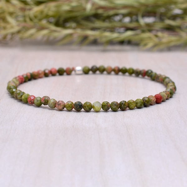 Unakite Stretch Bracelet, Delicate Beaded Brown Green Gemstone Jewelry Jewelry