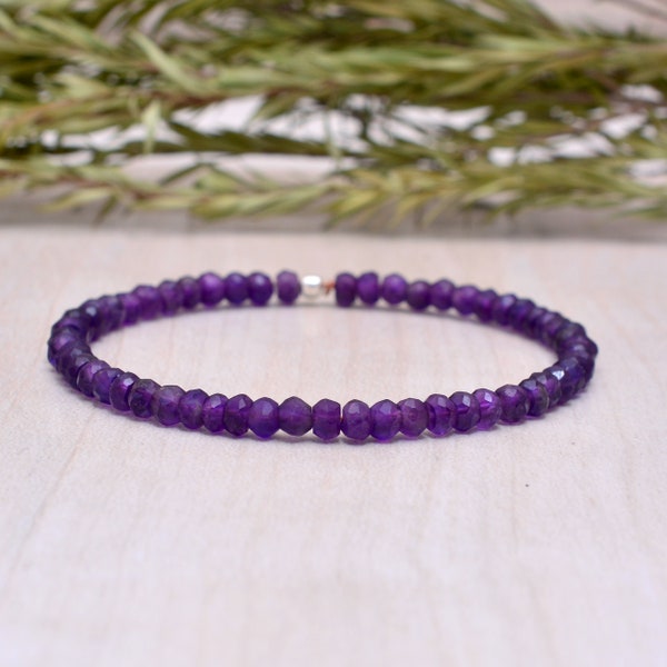 Amethyst Stretch Bracelet, Beaded Dainty Purple Elastic Jewelry, February Birthstone