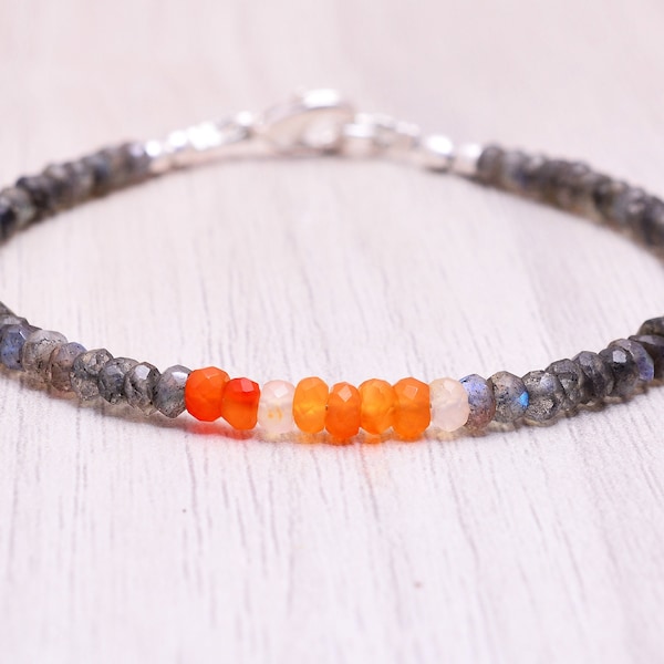 Labradorite & Mexican Fire Opal Bracelet, Delicate Multi Gemstone Stacking Skinny Bracelet, Mexican Fire Opal Jewelry, Sterling Silver