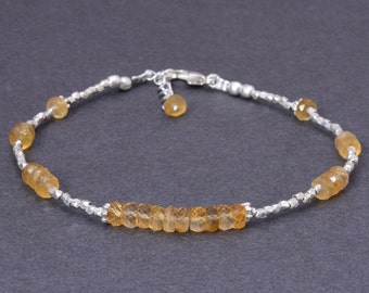 Citrine Bracelet with Rose Gold Fill or Sterling Silver, Delicate Gemstone Beaded Stacking Bracelet, Citrine Jewelry, November Birthstone