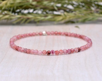 Strawberry Quartz Stretch Bracelet, Delicate Beaded Pink Gemstone Jewelry Jewelry