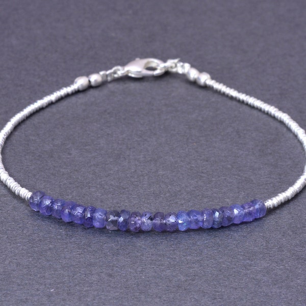 Tanzanite and Sterling Silver Bracelet, Dainty Tanzanite Bracelet, Skinny Stacking, Tiny Purple Stones, Gift Under 50, Mother's Day Gift