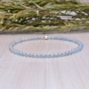 Aquamarine Stretch Bracelet, Dainty Beaded Blue Stone Jewelry, March Birthstone Crystal Gift