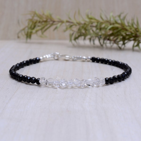 Black Spinel & Herkimer Diamond Bracelet, Delicate Quartz Crystal Jewelry, Beaded Mystic Spinel Bracelet, Rose Gold Fill Sterling Silver