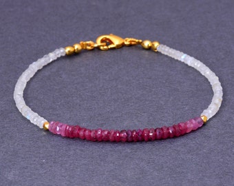 Ruby, Pink Tourmaline & Rainbow Moonstone Bracelet, Red Pink Ombre Jewelry, Genuine July Birthstone Gemstone