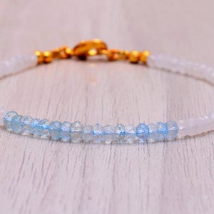 Moonstone & Aquamarine Bracelet: Sterling Silver, March May Birthstone