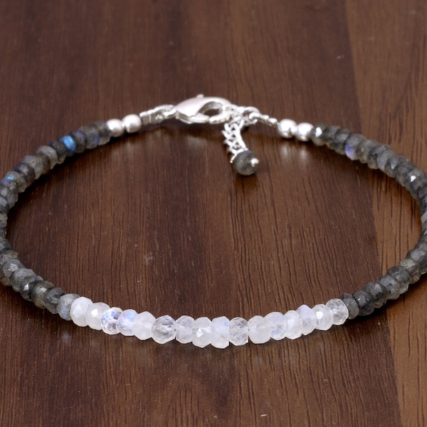 Moonstone Bracelet with Labradorite, Rainbow Moonstone Bracelet, June Birthstone, Gemstone Beaded Dainty Bracelet, White Bracelet, Bridal