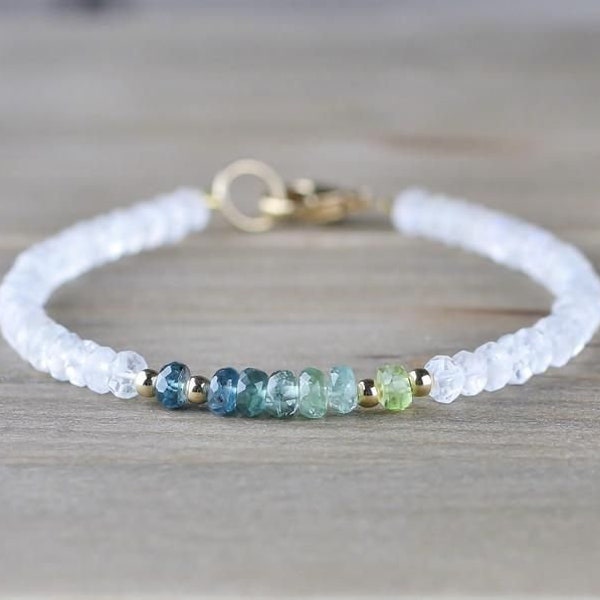 Ombre Blue Green Tourmaline & Moonstone Beaded Bracelet, Sterling Silver, Gold Filled, Shaded Gemstone Bracelet, Natural Tourmaline Jewelry