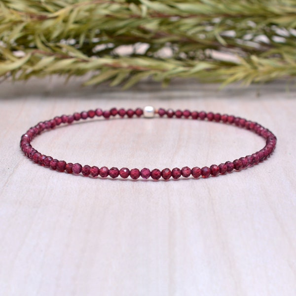 Garnet Bracelet, Beaded Red Gemstone Elastic Stacking Jewelry, Delicate Stretch Faceted Small Beads, Rose Gold Fill or Sterling Silver