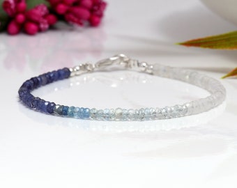 Iolith, Aquamarin & Mondstein Perlen Armband in Sterling Silber oder Gold filled