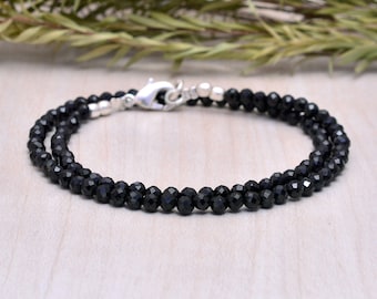 Dainty Black Tourmaline Necklace, Ultra Delicate Faceted Beaded Gemstone Jewelry