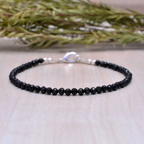 Dainty Black Tourmaline Bracelet: Sterling Silver Beaded Gemstone