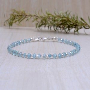 Aquamarine Bracelet with Sterling Silver or Rose Gold Filled, Beaded March Birthstone Jewelry, Genuine Gemstones