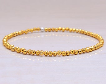 Golden Pyrite Stretch Bracelet, Delicate Beaded Gold Gemstone Jewelry, Genuine Small Faceted Gemstones