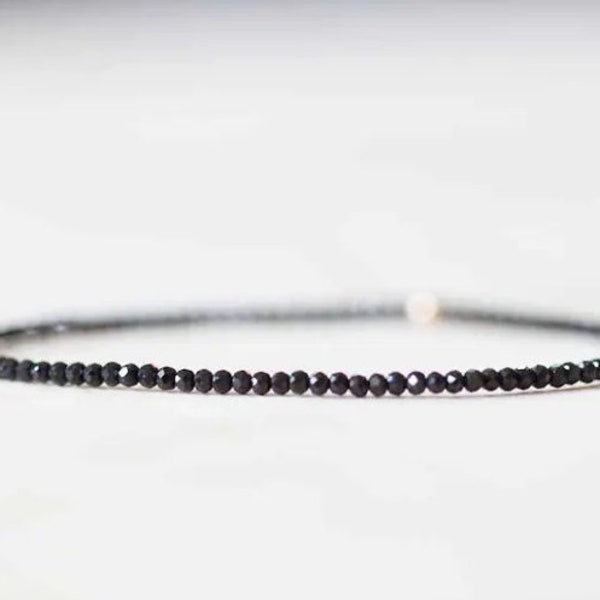 Dainty Black Tourmaline Stretch Bracelet, Ultra Delicate Faceted Beaded Gemstone Jewelry