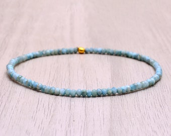 Larimar Stretch Bracelet, Dainty Beaded Blue Stone Jewelry, March Birthstone Crystal Gift