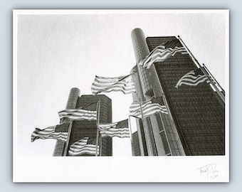 Renaissance Center Flags - Detroit MI Limited Edition - 8x10 FB Silver Gelatin Print