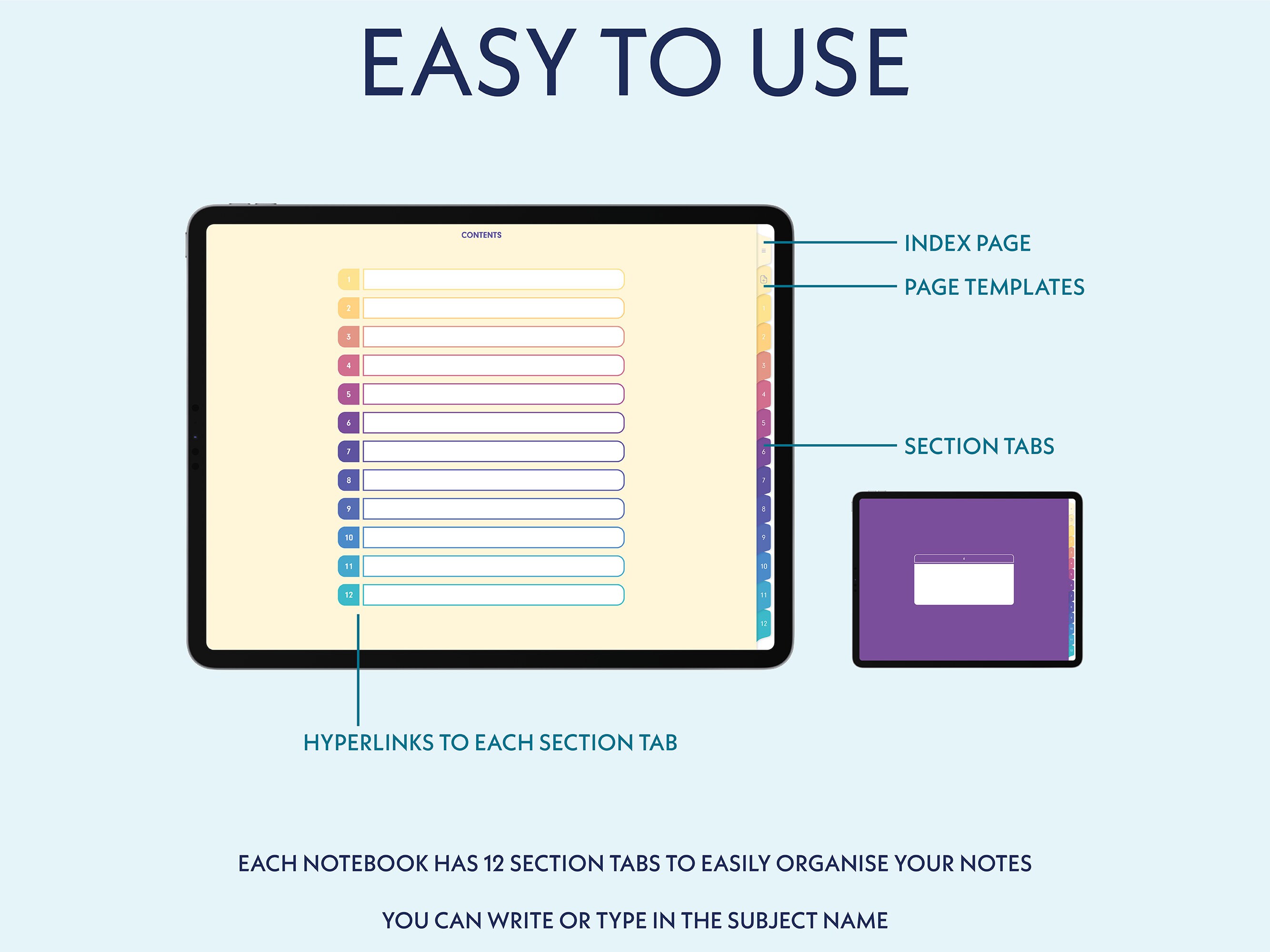 Digital Notebook With 12 Section Tabs, Goodnotes, Landscape, Student ...