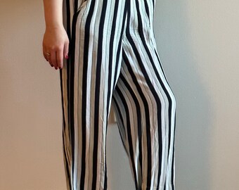 White, Black & Green Striped Wide Leg Pants