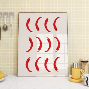Chiliprint, keukendecor, chililiefhebber, esthetisch keukendecor, minimalistische rode peper kunstprint, trendy print, woondecoratie