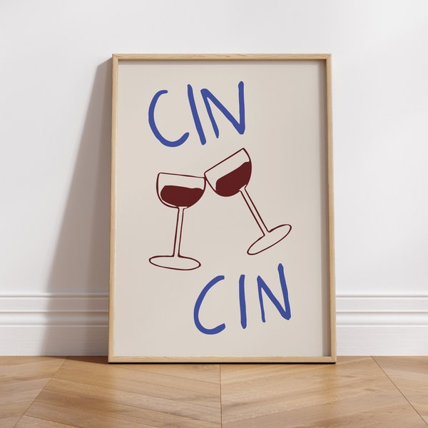 Cartel de Cin Cin de moda, impresión de saludos, impresión de vino, copas de vino, Cin Cin, impresión de cocina, imprimible, descarga digital