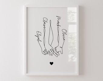 Custom Family of 4 Holding Hands Print, Personalized Gift, Customized Family Gift, Anniversary Gift, Digital Print, Family of 4