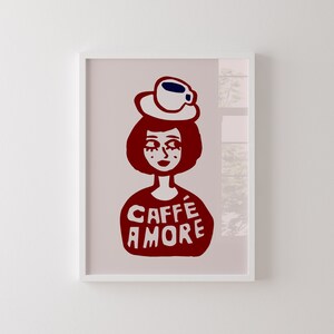Caffe Amore Print, Breakfast Club Print, Arte divertido de la pared de la cocina, Amantes del café, arte funky de los años 70, carteles de moda, póster de café de moda