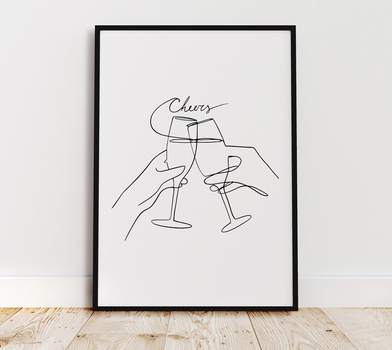 K&ouml;nnte beinhalten: Schwarzwei&szlig;-Linienkunst-Druck von zwei Champagnergl&auml;sern, die ansto&szlig;en, mit dem Wort "Cheers" dar&uuml;ber.
