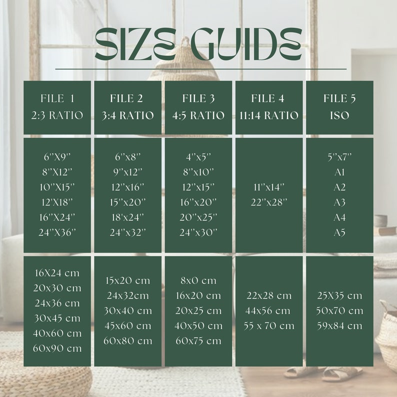 K&ouml;nnte beinhalten: Eine gr&uuml;ne Tabelle mit dem Text "SIZE GUIDE" oben. Die Tabelle zeigt verschiedene Dateigr&ouml;&szlig;en und ihre entsprechenden Abmessungen in Zoll und Zentimetern. Die Dateigr&ouml;&szlig;en sind mit Datei 1, Datei 2, Datei 3, Datei 4 und Datei 5 gekennzeichnet. Die Tabelle enth&auml;lt auch das Verh&auml;ltnis der Dateigr&ouml;&szlig;en.