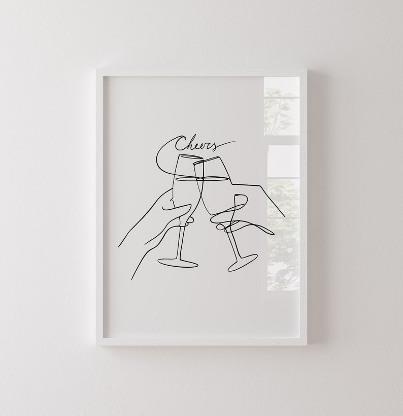 K&ouml;nnte beinhalten: Eine Schwarzwei&szlig;-Zeichnung von zwei Champagnergl&auml;sern, die ansto&szlig;en, mit dem Wort "Cheers" dar&uuml;ber.