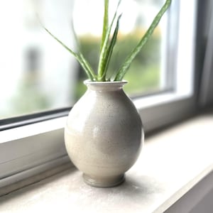 May include: A small, off-white ceramic vase with a rounded body and a narrow neck, holding several long, green, leafy plants. The vase sits on a white windowsill, with a blurred background of a window and greenery.