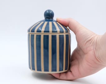 Handmade Ceramic Lidded Jar, Blue Striped Stoneware Trinket Box, Wheel Thrown Sugar Bowl, Artisan Jar with Lid, Salt Cellar