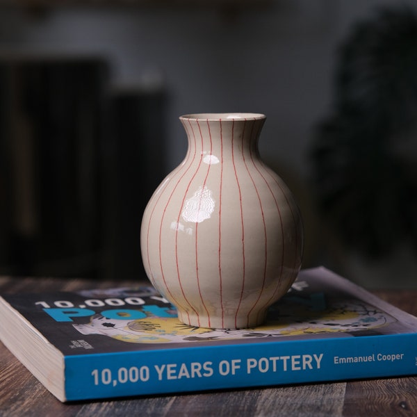 Handmade Stoneware Ceramics Vase, Functional Art, Modern Minimalist Red Stripes Design, Gift, Hand painted, Wheel Thrown, Unique, Home Decor