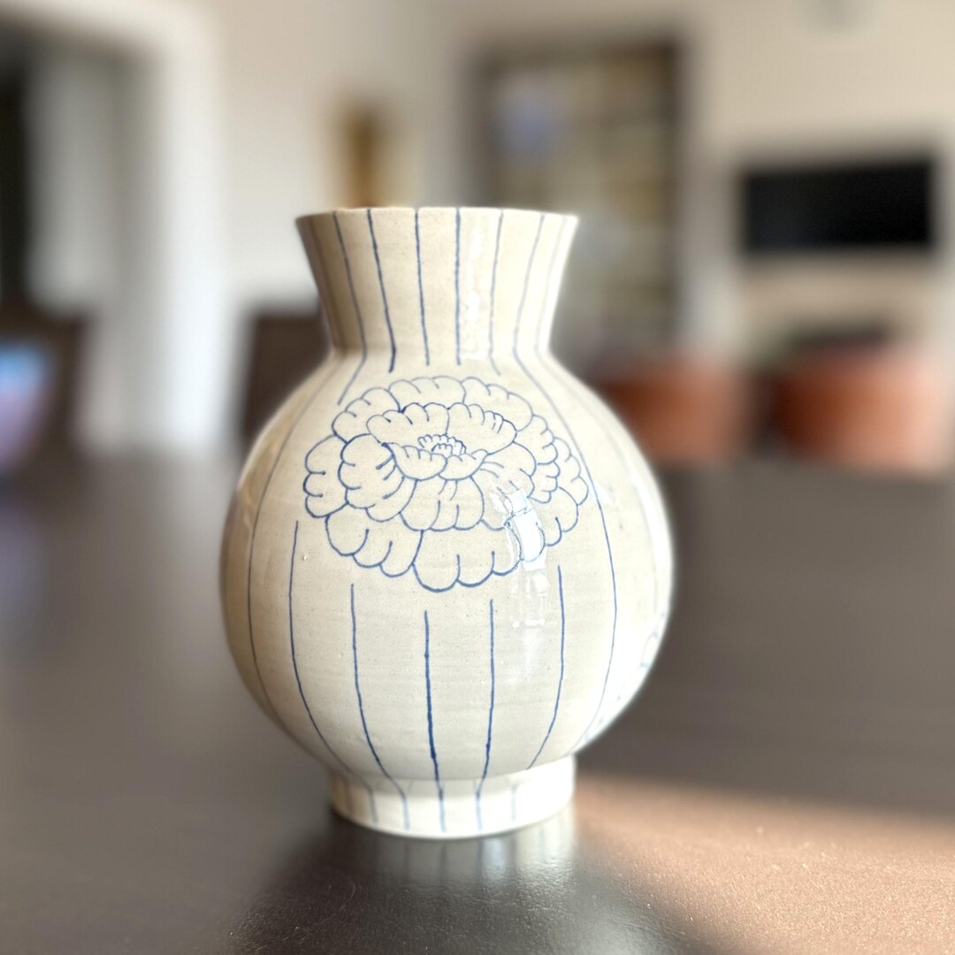 Handmade Ceramic Vase, Striped Floral Pottery Vase, Wheel Thrown ...