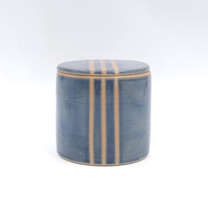 Handmade Ceramic Lidded Jar, Blue Striped Stoneware Trinket Box, Wheel Thrown Pottery Sugar Bowl, Artisan Pottery Jar with Lid, Salt Cellar
