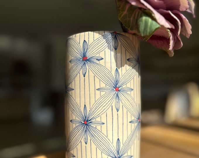 Handmade Stoneware Ceramics Vase, Functional Art, Hand painted Geometric Modern Flower Home Decoration, Gift, Wheel Thrown, Centerpiece