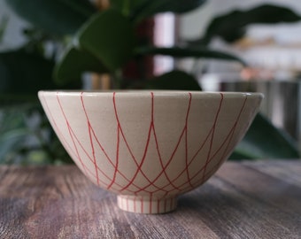 Handmade Stoneware Ceramics Bowl, Hand painted Red, Gift, Modern Geometric Design, Functional Art, Wheel Thrown, Unique, Minimalist