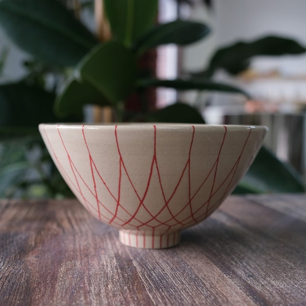 Handmade Stoneware Ceramics Bowl, Hand painted Red, Gift, Modern Geometric Design, Functional Art, Wheel Thrown, Unique, Minimalist