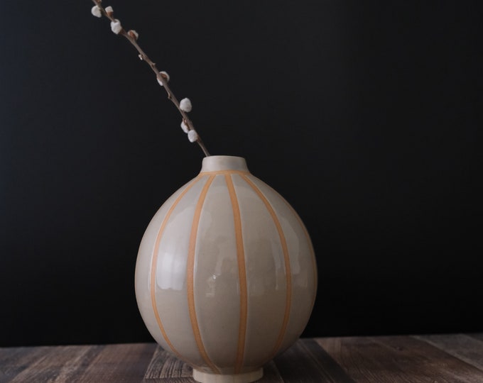 Handmade Stoneware Ceramics Vase, Functional Art, Striped Minimalist Natural Home Decor, Gift,Wheel Thrown,Hand painted, Centerpiece,Celadon