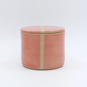 Puede incluir: Un recipiente cilíndrico de cerámica con un esmalte rosa coral brillante y una tapa a juego. Una franja vertical de color beige sin esmaltar recorre el centro del cuerpo y continúa sobre la tapa, creando un efecto visual limpio y segmentado.