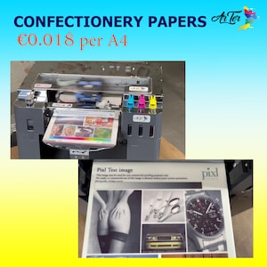 May include: A close-up of a printer printing on a sheet of paper. The paper has a variety of images printed on it, including a woman's face, a landscape, and a colorful pattern. The printer is a gray and silver color and has a clear lid. The text "CONFECTIONERY PAPERS" and "&euro;0.018 per A4" is visible at the top of the image.