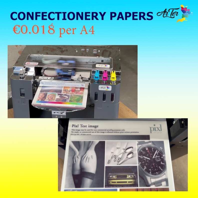 May include: A close-up of a printer printing on a sheet of paper. The paper has a variety of images printed on it, including a woman's face, a landscape, and a colorful pattern. The printer is a gray and silver color and has a clear lid. The text "CONFECTIONERY PAPERS" and "&euro;0.018 per A4" is visible at the top of the image.