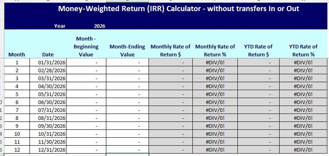 Investment Rate of Return Worksheet - Monthly Performance Tracker (no ...