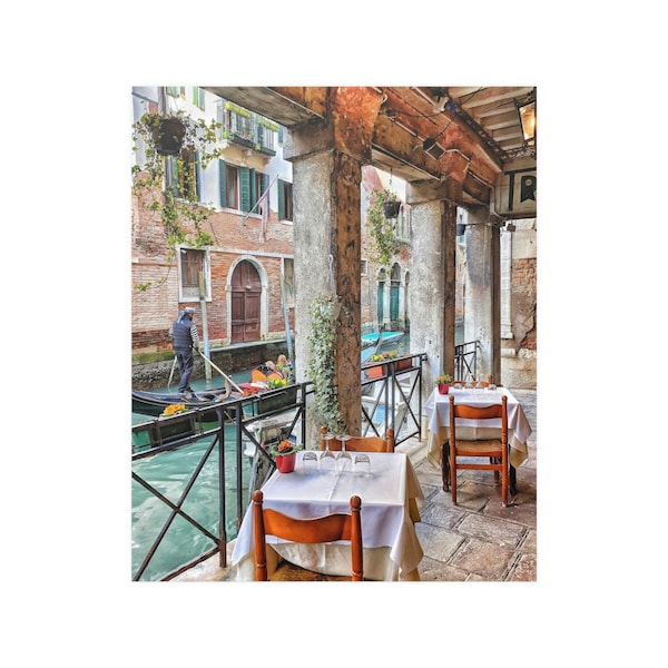 Italian Restaurant, Gondola, Outdoor Dining, Table and Chairs by water, Satin Posters (210gsm), Wall Art, Art, Poster, Italy
