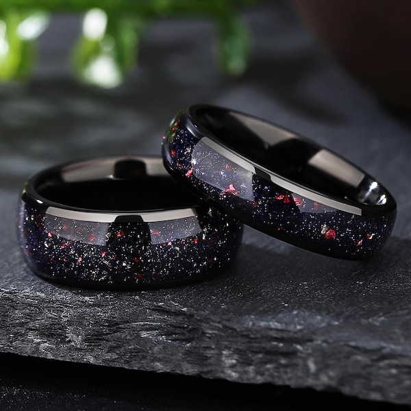 Red Galaxy Ring Set, schwarzer Ehering mit rotem Kristall Inlay