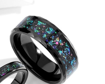 Tungsten Couples Ring, Meteorite & Galaxy Opal Matching ring for Men, Comfort Fit 8mm Wedding Band, Free Engraved Ring - Only Mens Ring