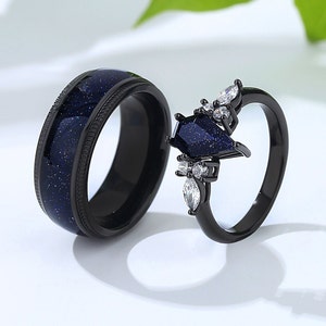 Conjunto de anillos de nebulosa de Orión con corte de cometa, anillos de pareja a juego, alianza de boda para él y para ella, anillo relleno de oro negro, anillo del espacio exterior. imagen 1