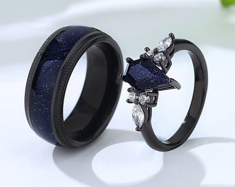 Kite Cut Orion Nebula Ring Set, Matching Couple Rings, His and Hers Wedding Band, Black Gold Filled Ring, Outer Space Ring.