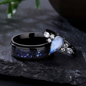 Kite Cut Natural Moonstone Ring Set, Matching Couple Rings, Moonstone Engagement Ring for His and Hers, Wedding Band, Black Gold Filled Ring