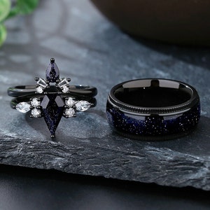 Conjunto de anillos de nebulosa de Orión con corte de cometa, anillos de pareja a juego de 3 piezas, alianza de boda para él y para ella, anillo relleno de oro negro, anillo del espacio exterior. imagen 1